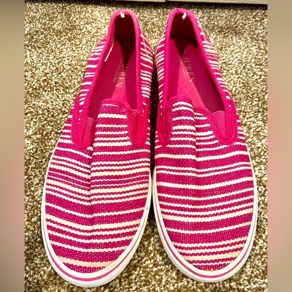 Women Lauren Ralph Lauren White& Pink Janis Leather Slip On Sneakers Shoes Sz 8B